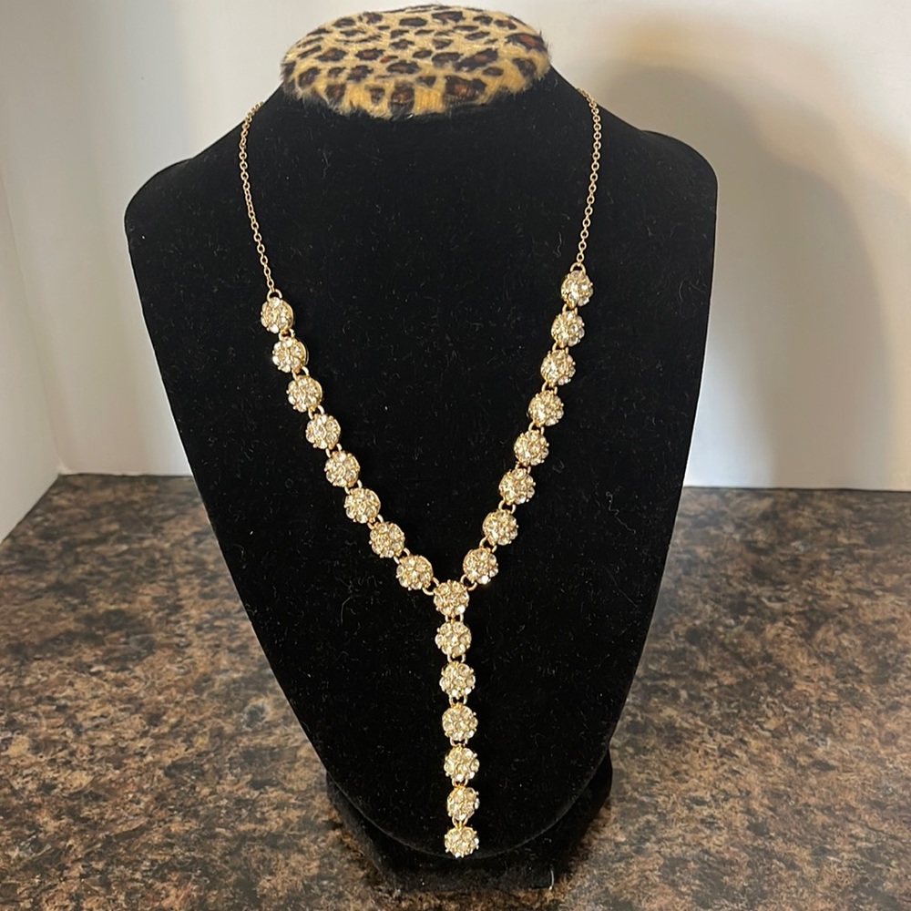 Dillards Y Necklace Gold with Clear Crystals / Stones
